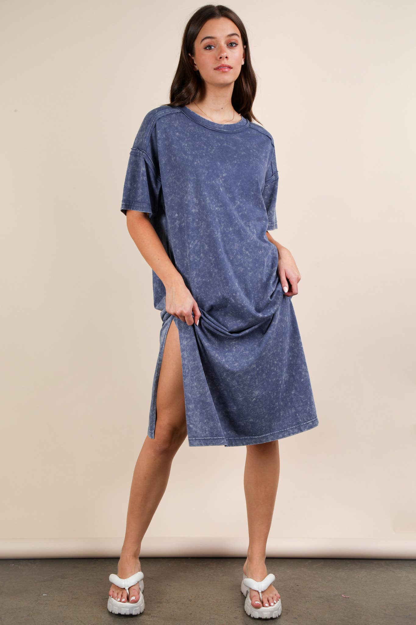 knee length dresses for ladies SHORT SLEEVE MIDI DRESS W/SLITS| SPRING BLUE main image 1